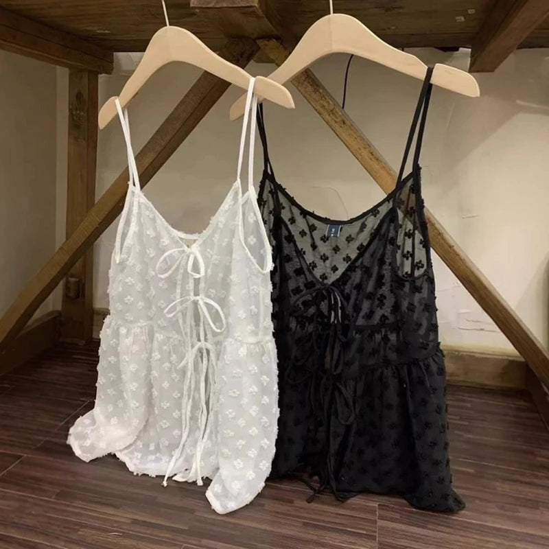Korean Chic Mesh See Through Layering Camisole Solid V Neck Lace Up Spaghetti Strap Vest Summer Fashion Design Transparent Top