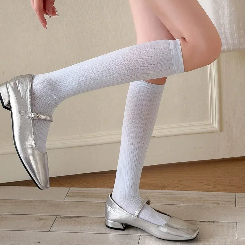 Women Stockings New Fashion Thin Mesh Breathable Knee High Socks For Women Solid Color Casual School Style Long Socks