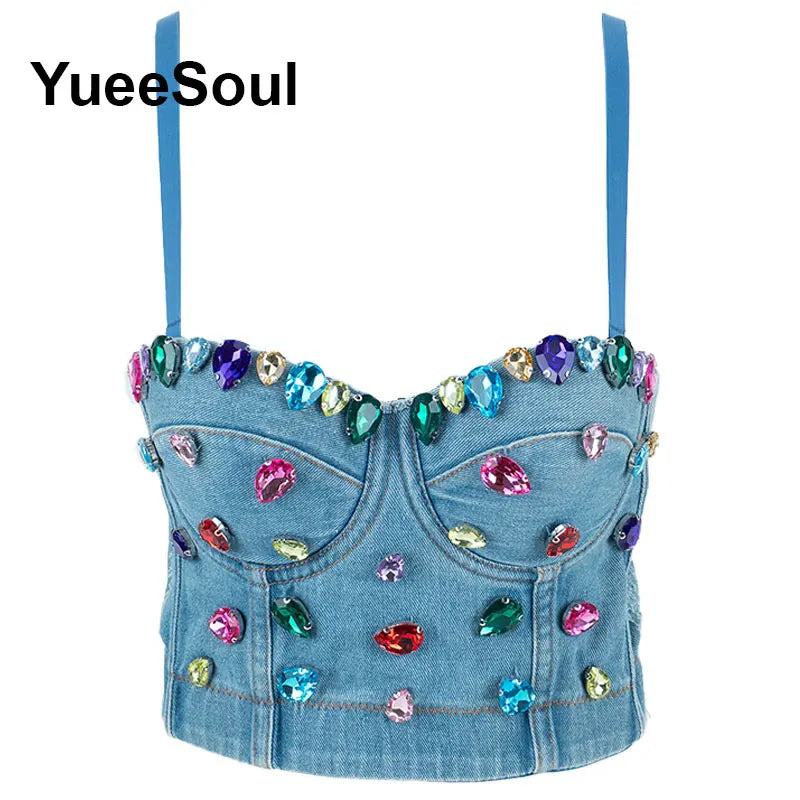 Denim Crop Tops Pearl Tassel Diamond Flower Blue Sleeveless Sexy Corset 2000s 2026 Summer New Y2K Party Evening Woman Clothes