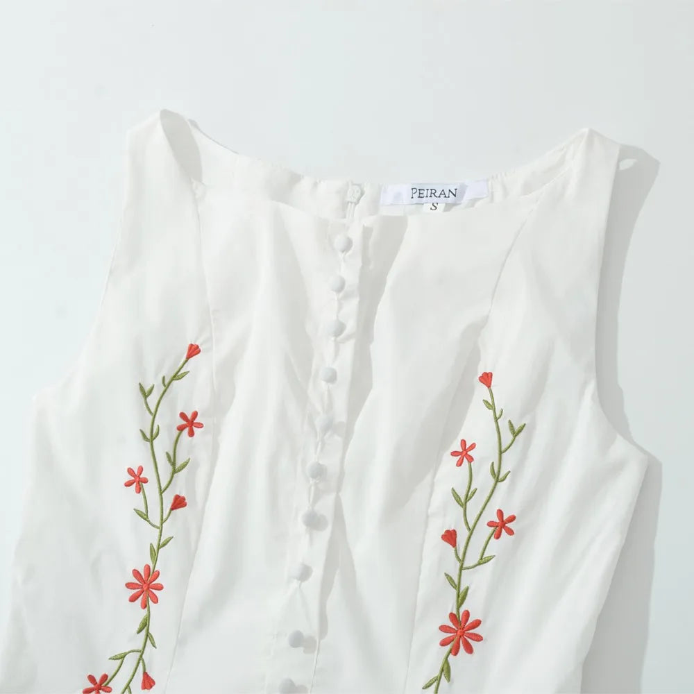 2025 Women's White dress Mini Summer buttons front pleated Dresses Vintage vest embroidery dresses