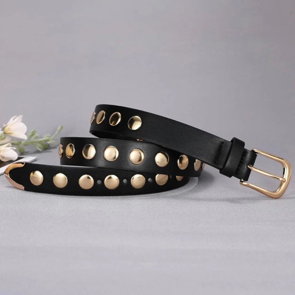 Women 105CM Long 3cm Wide Leather Belt New Hip-hop Punk Style Large Rivet Pin Buckle Belt Versatile Jeans Belt Skirt Waist Belt