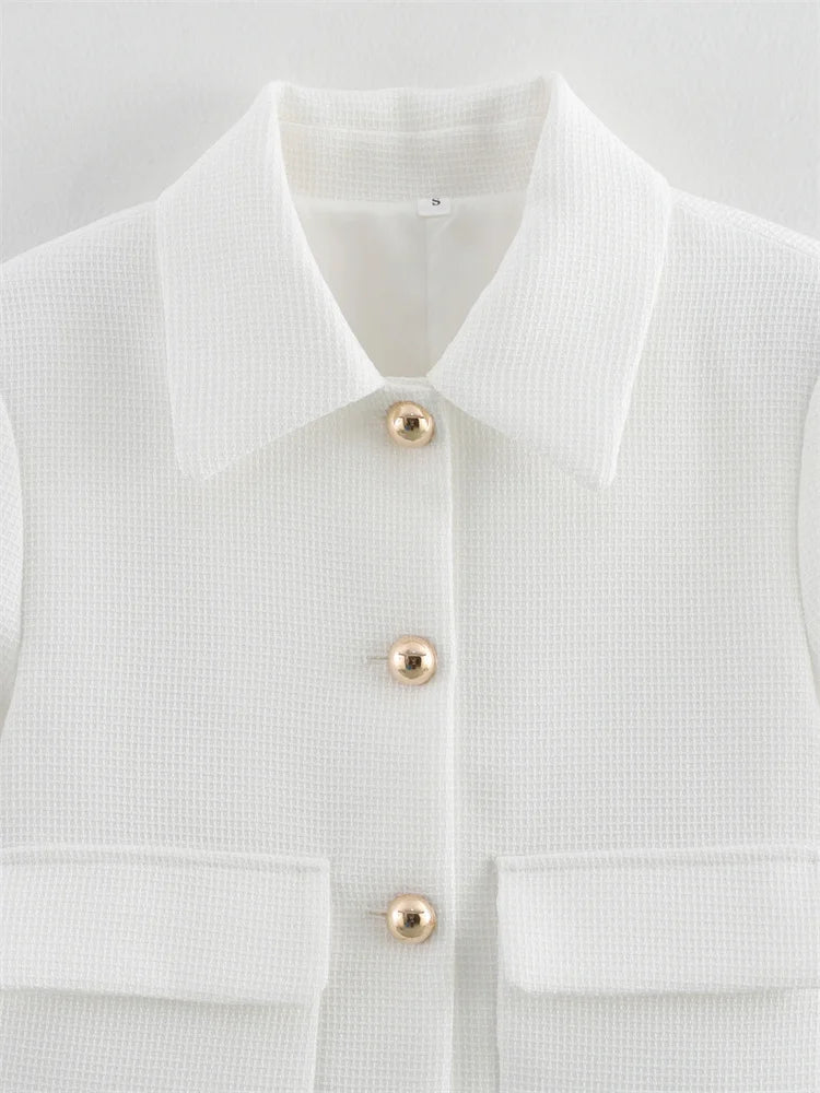 Zevity New Women Fashion Double Pockets Patch White Casual Coat Office Lady Long Sleeve Buttons Outwear Jacket Tops CT7365