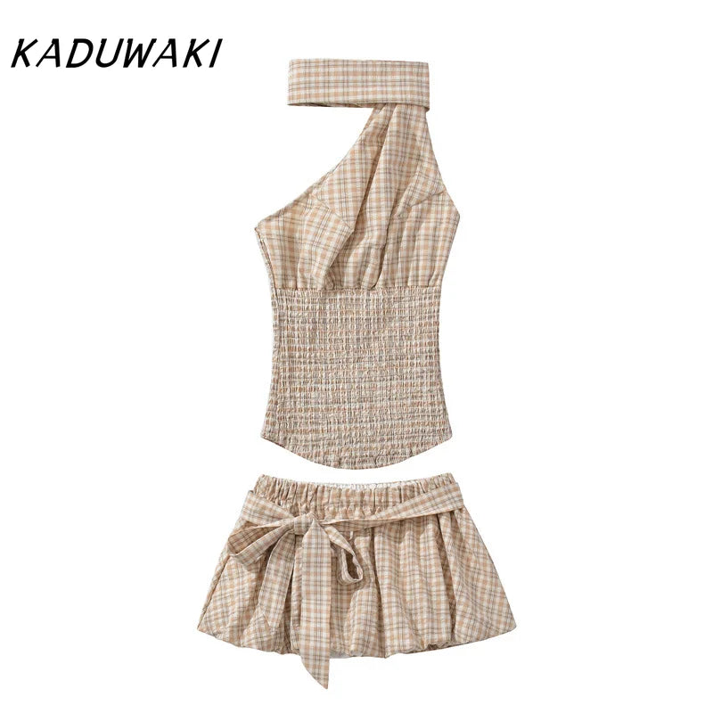 KADUWAKI Summer Plaid Printed Hanging Neck Sloping Shoulder Lace Up Slim Fit Top Khaki Mini A-line Fluffy Skirt 2-piece Sets Y2k