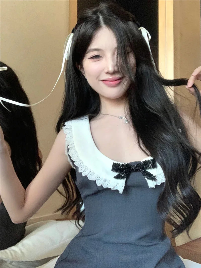 Contrast White Bow Peter Pan Neck Gray Slit Mini Dress Lolita Kawaii dresses elegant women y2k clothing summer korean fashion