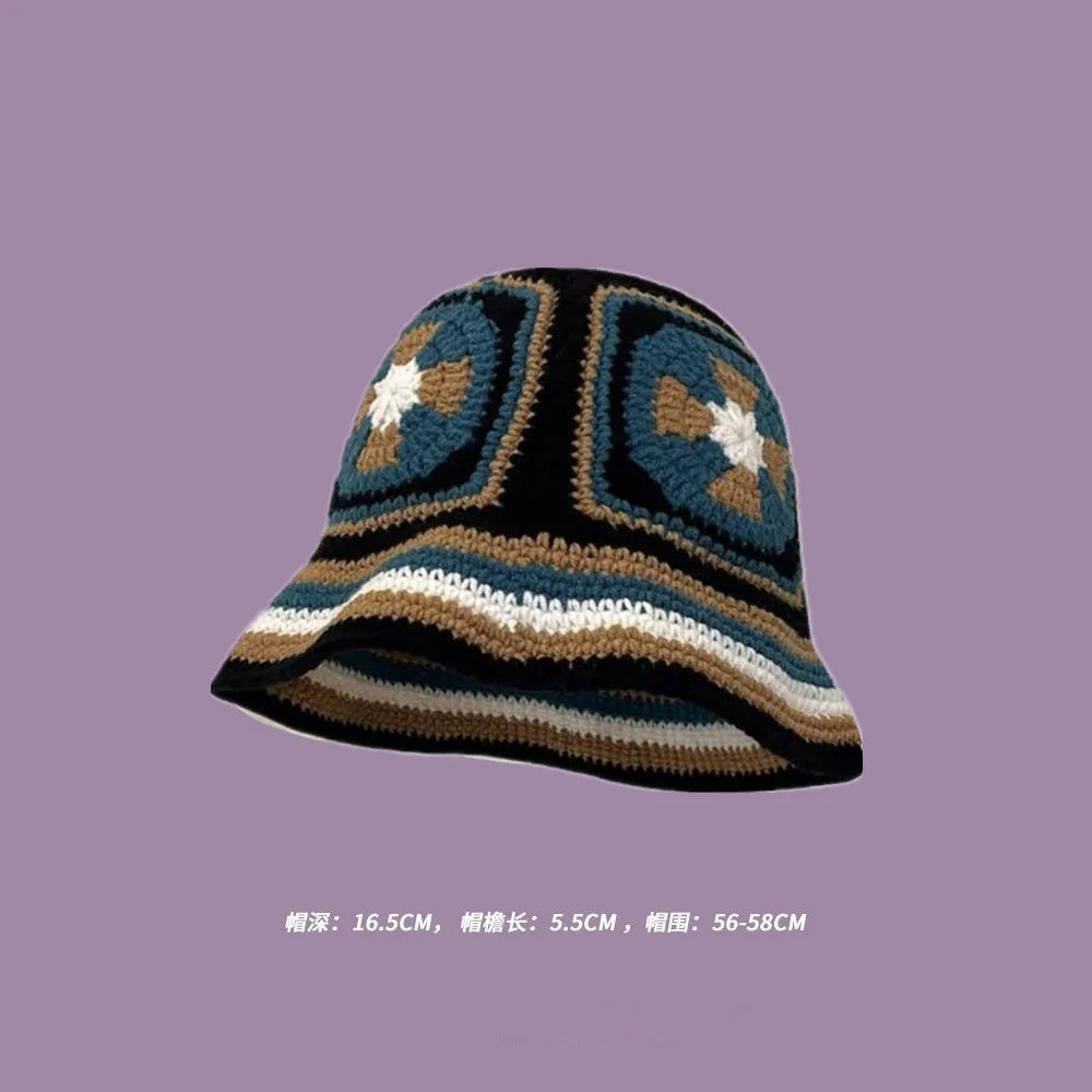 2023 Autumn New Crochet Korean Handmade Bucket Hat Women Weaving Knitted Hat  Fashion Flowers Autumn Winter Beanies Basin Cap