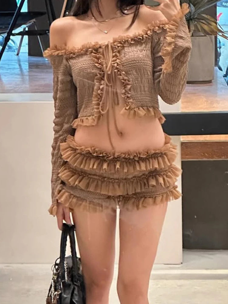 Korobov Y2k Sexy Summer Fashion Slash Neck Bandage Flare Sleeves Ruffles Sweet Streetwear T-shirt