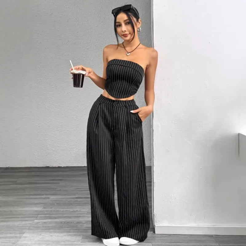 Women's Striped 2 Piece Outfit Tube Top and High Waist Wide Leg Pants Set