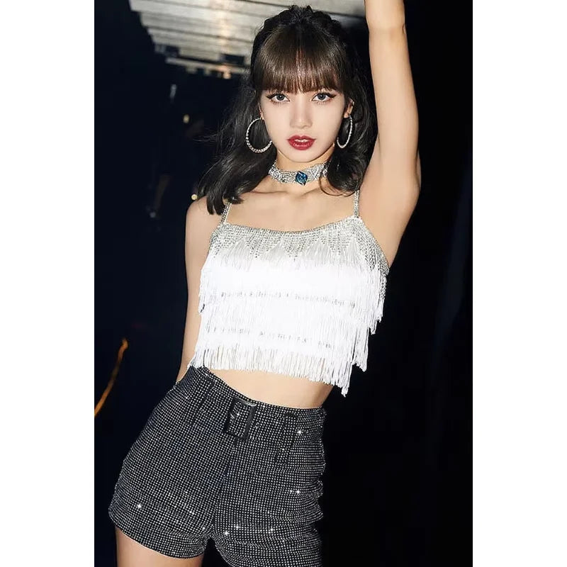 Lisa Kpop Outfit Korean Celebrity New Tassel Sexy Sleeveless Vest Tops Slim High Waist Shorts Shinny Women DS DJ Rave Clothes