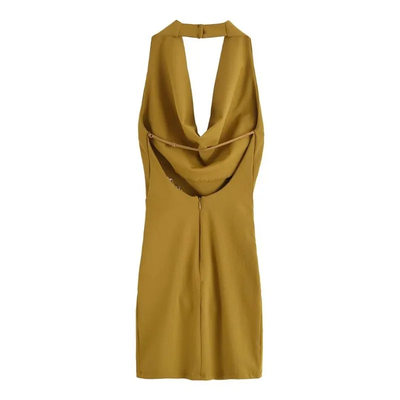 New Summer Elegant Mini Dress Fashion Hanging Collar Long Dresses Women Solid Sleeveless Short Party Dress Lady Evening Dress