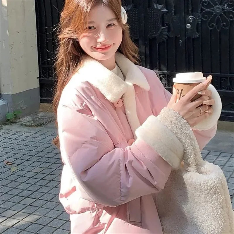 2026 Winter New Korean Gentle Age Reducing Collar Splicing Cotton  Jacket Women's Splicing Cotton Jacket Fashion Pink And Blue