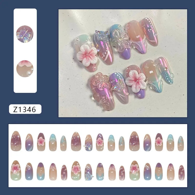 24PCS Sweet Purple Gradient French False Nails with Glue 3D Flowers Butterfly Ripples Almond Press on Nails Aurora Nails Patches