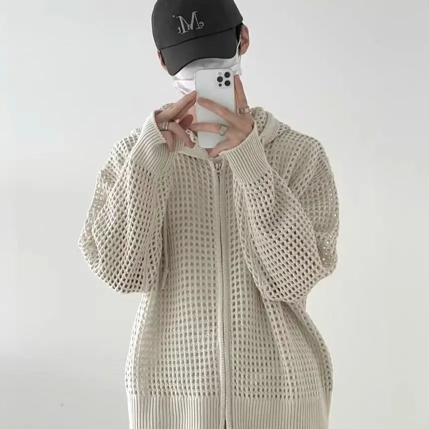 Unisex Hoodies Trendy Hollow Out Hooded Knitted Cardigan For Men Spring Autumn Loose Zip Up Sweater Coat Casual Outerwear