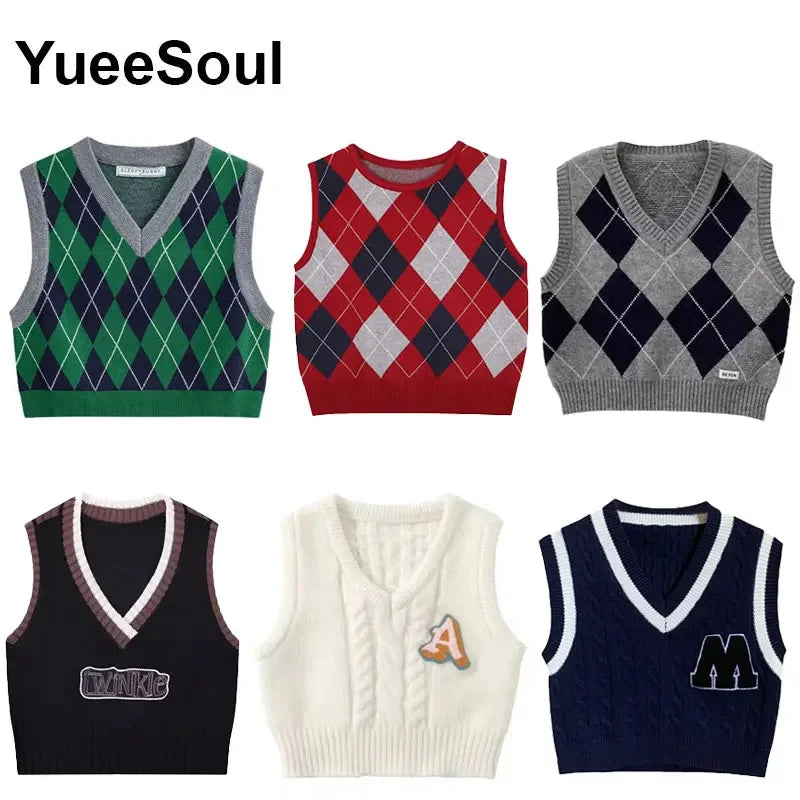 Vintage Knitted Women Sweater Vest American Y2K Aesthetic Sweet Cute 90s Slim Crop Waistcoat 2023 New Plaid Sleeveless Knitwears