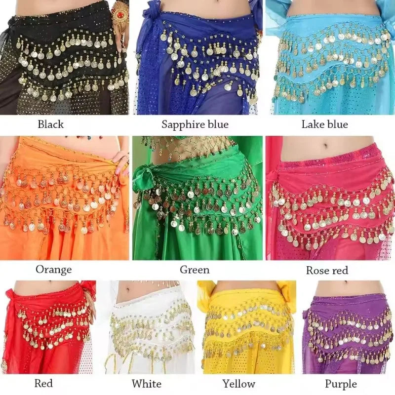 1pc Belly Dance Hip Scarf Chiffon Skirt Wrap Professional Scarf Skirt Costume with Coins for Yoga Belly Dancing,Autumn,new years