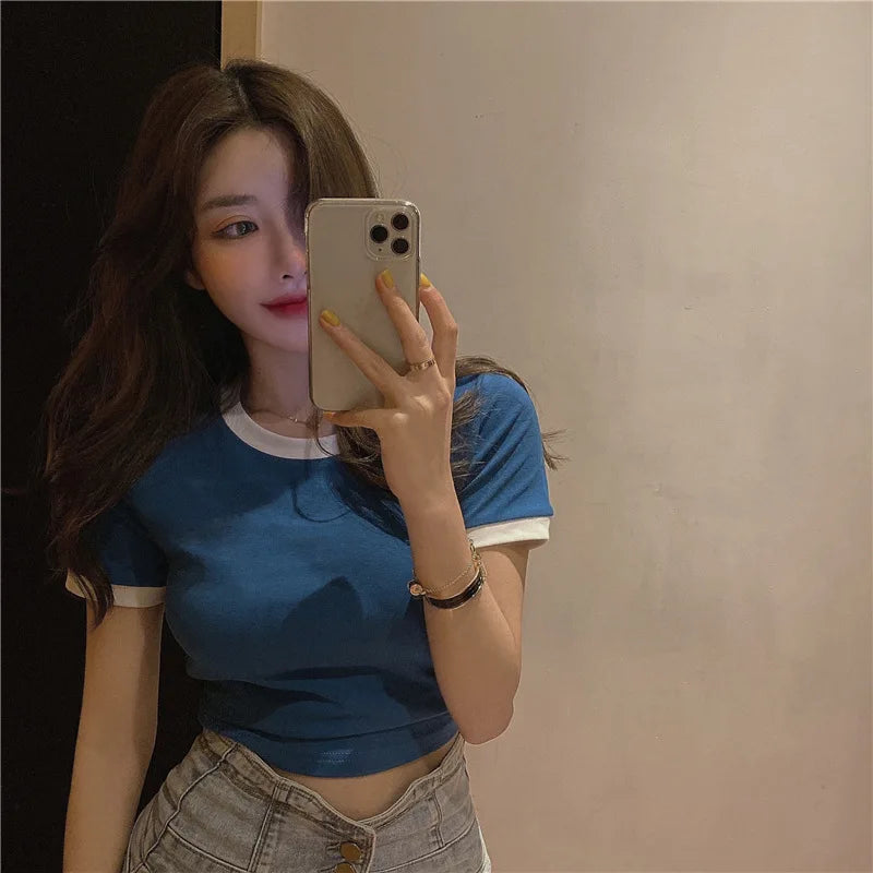 Slim-fit Korean-style T-shirt Female Students Women Summer Short-sleeve T-shirt Casual Top Woman Girl Sports Basic Short-sleeve