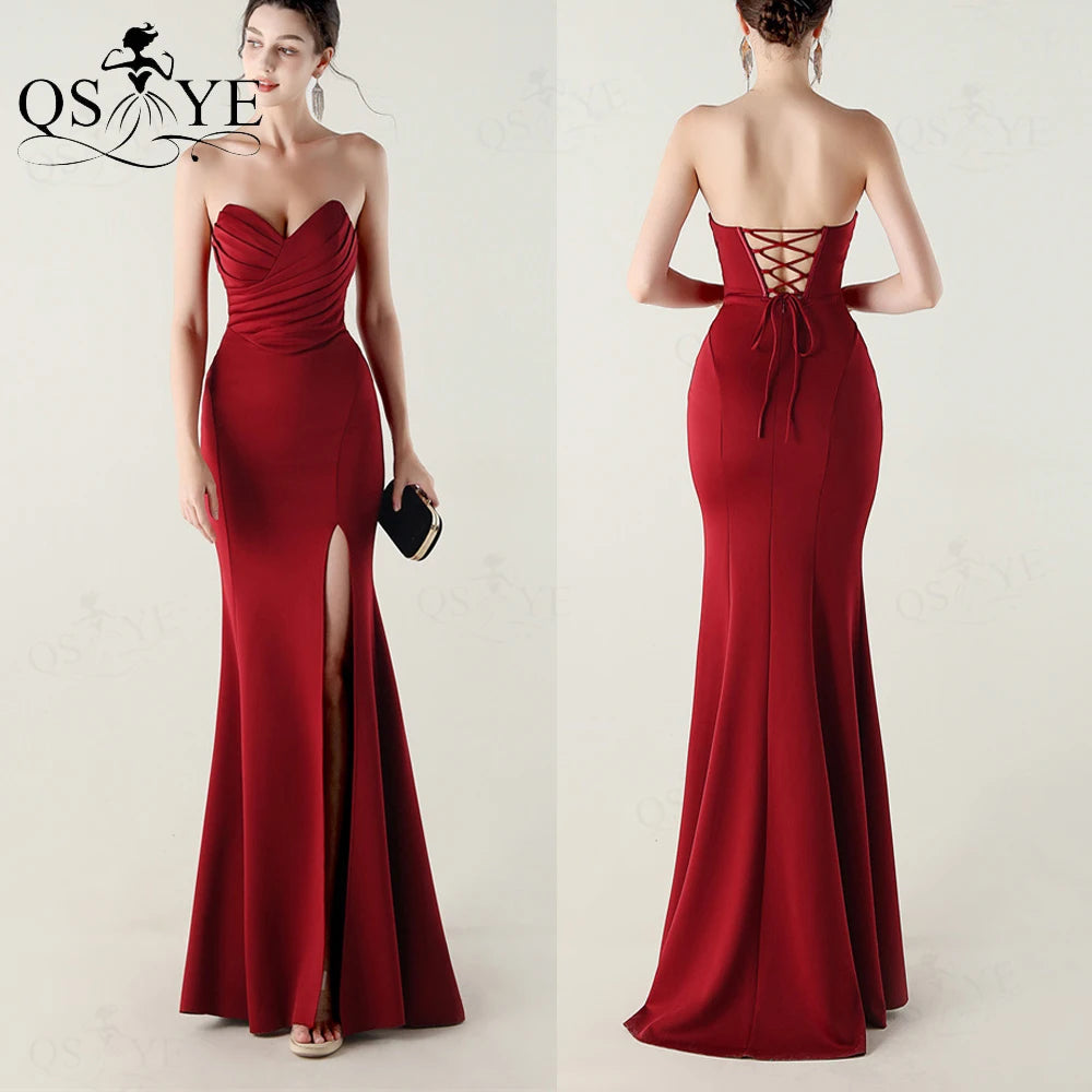 Off-Shoulder Ruched Bodice Mermaid Satin Floor-Length Prom Gown with Slit | Inspired by Beren Saat