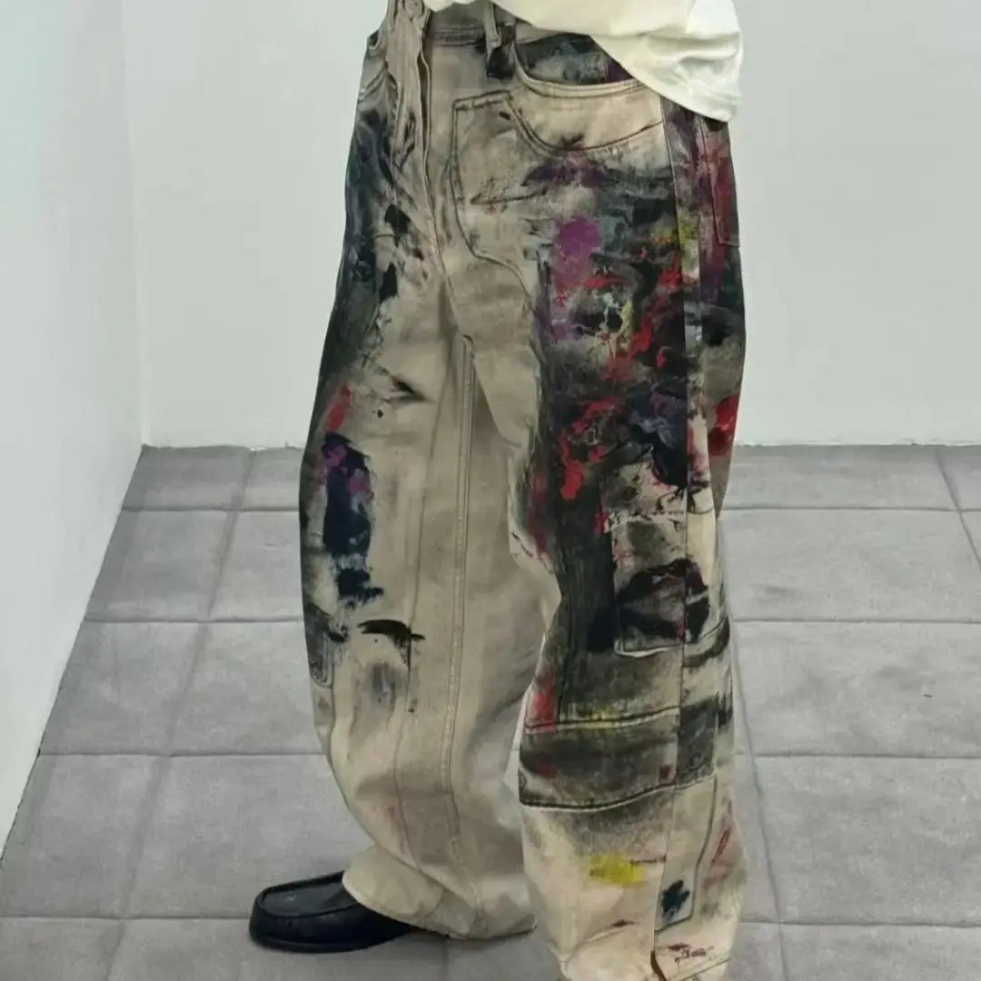 Vintage Graffiti Printed Jeans Women High Waisted Baggy Wide Leg Pants y2k Punk Trousers Fashion Pocket High Street Denim Pants
