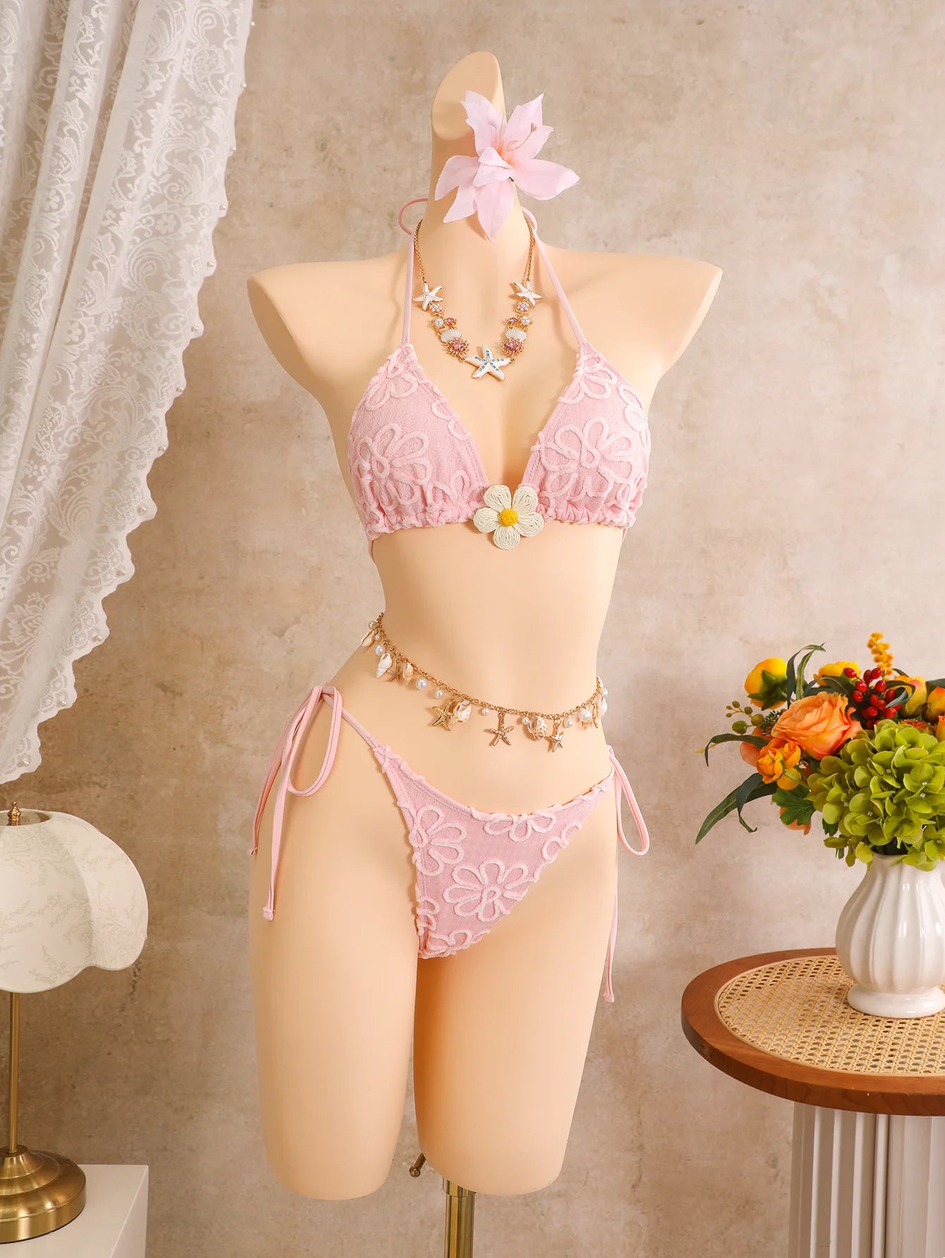Sexy Pink Floral Embroidery Bikinis Sets 2026 Women 3D Flower Push Up Bra Swimsuit Bathing Suit Pleate Skirt 3 Piece Swimwear