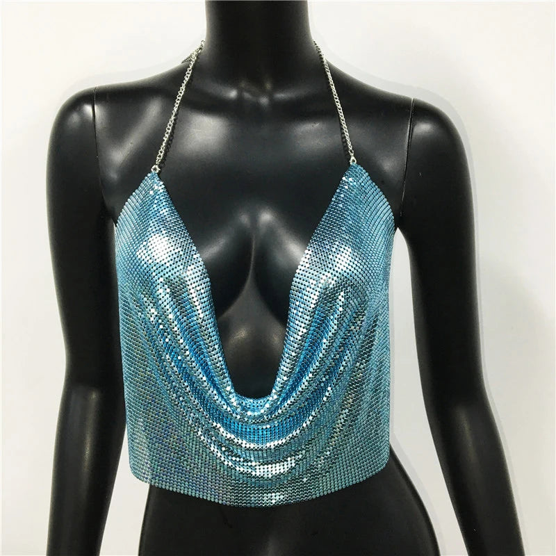AKYZO Women 2025 Sexy Metal Sequined Tank Camis Summer Gold Silver Backless Cropped Glitter Beach Club Show Wear Tank Tops