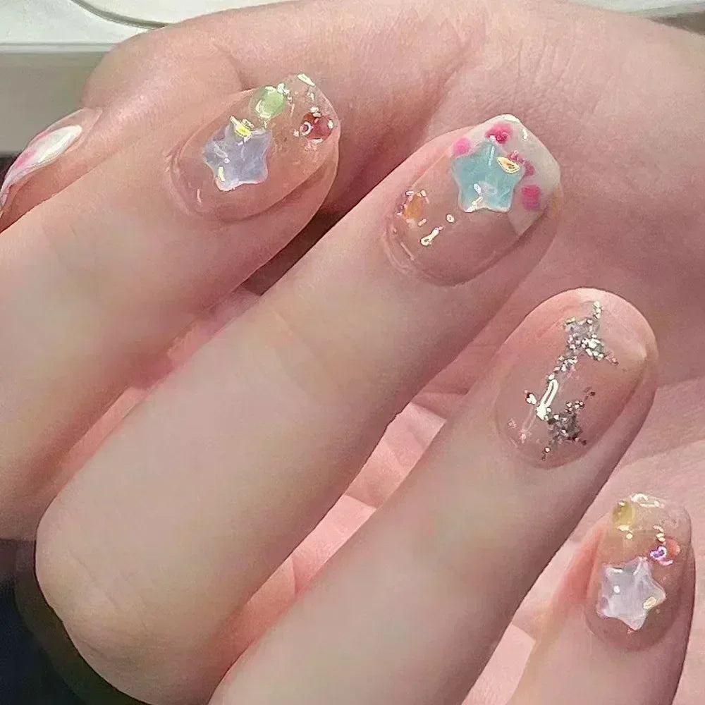 24pcs Cute Girly Short Square False Nails Sweet White French Nail Glitter Star Rhinestones Nail Art Cat Eye Bow Press On Nails