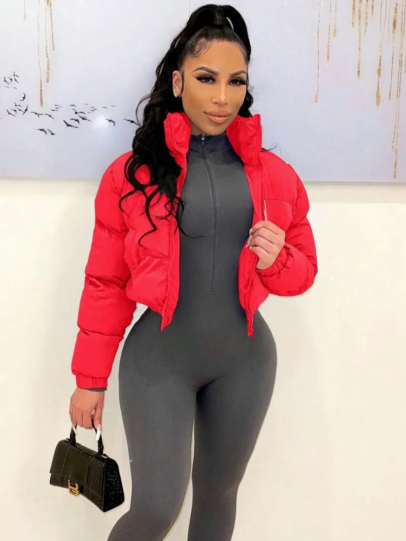 Women Solid Parkas Jackets Stand Collar Long Sleeve Zip-up Thick Warm Quilted Coats Fashion Casual Cotton Padded Outerwear
