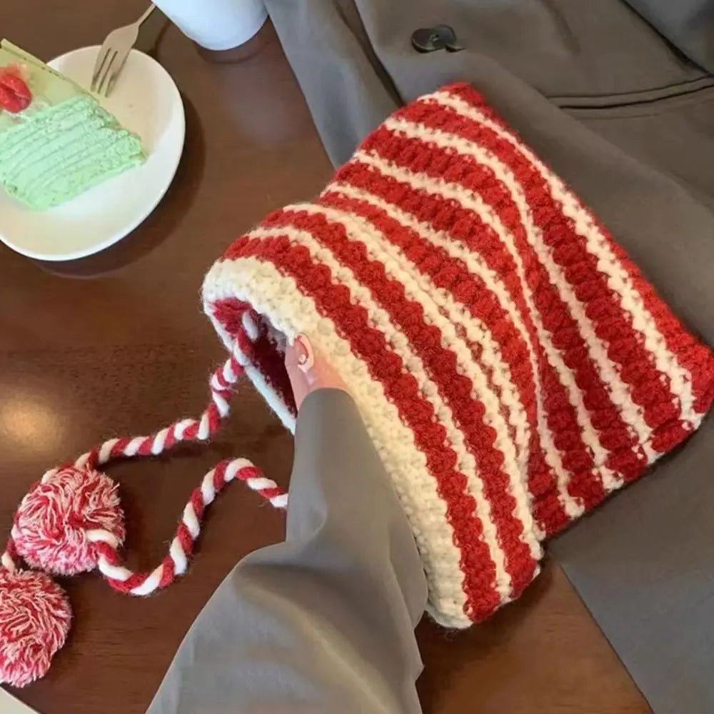 Fshion Y2K Knitting Striped Beanie Hat Cute Wool Hanging Ball Knitted Beanie Hat Cat Ears Pointed Pullover Hats Autumn Winter