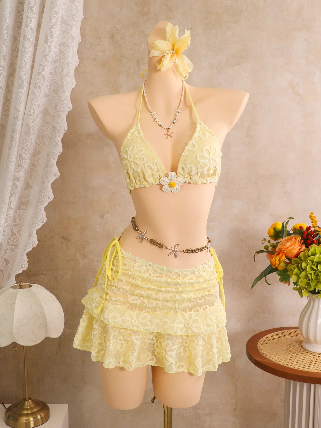 Sexy Yellow 3D Flower Bikini Set 2026 Women Flower Embroidery Push Up Bra Pleate Cover Up 3 Piece Swimsuit Bathing Suit Swimwear