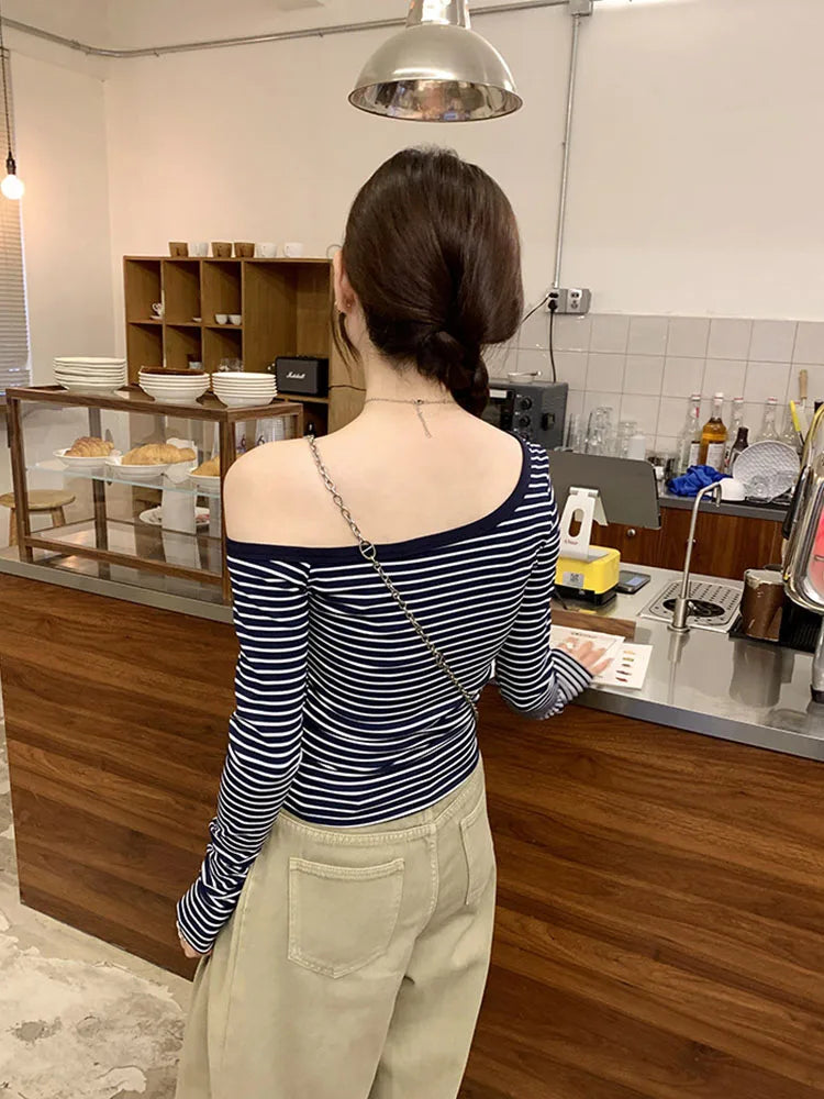 2025 New Spring Summer Vintage Striped Women's T-shirt Long Sleeve One Shoulder Casual Korean Bottom Shirts Tops Female