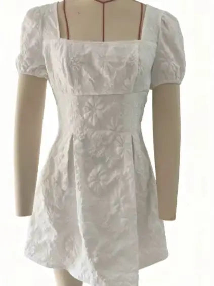 Smvp Ladies' light blue jacquard A-line dress, square neck, puffed sleeves, high waist, elegant and casual short dress