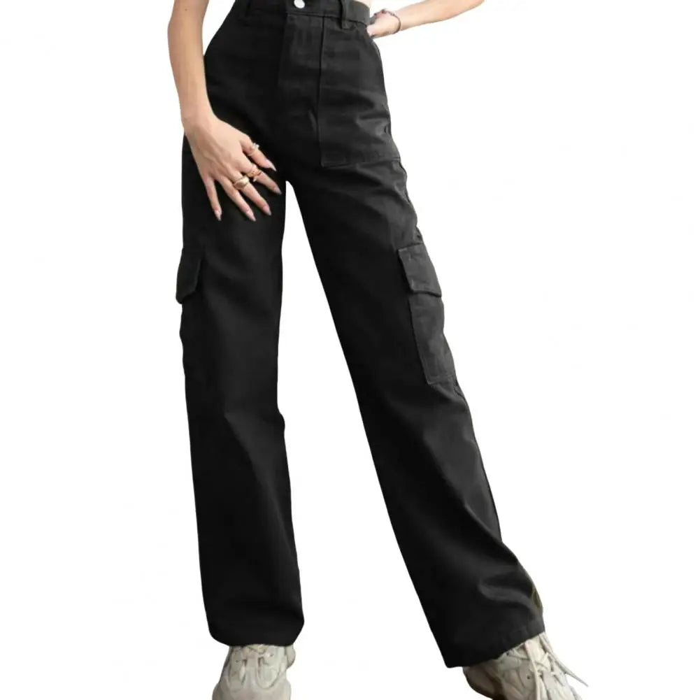 Women Cargo Pants Mid-rise Button Zipper Waist Casual Trousers with Multi Pockets Straight Leg Loose Fit Solid Color Long Pants