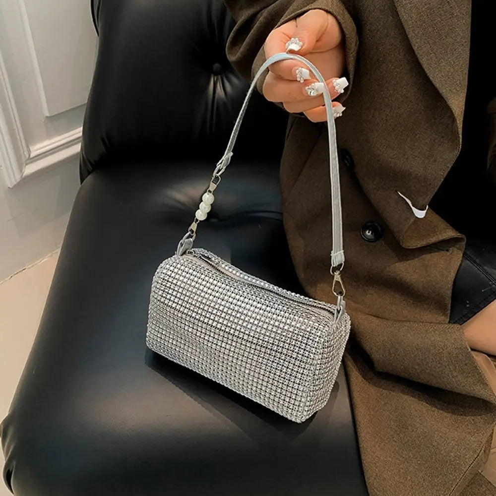 Allover Rhinestone Bucket Bag Waterproof All-match Women Crossbody Bag Mini Lightweight Glitter Chain Prom Purse for Ladies