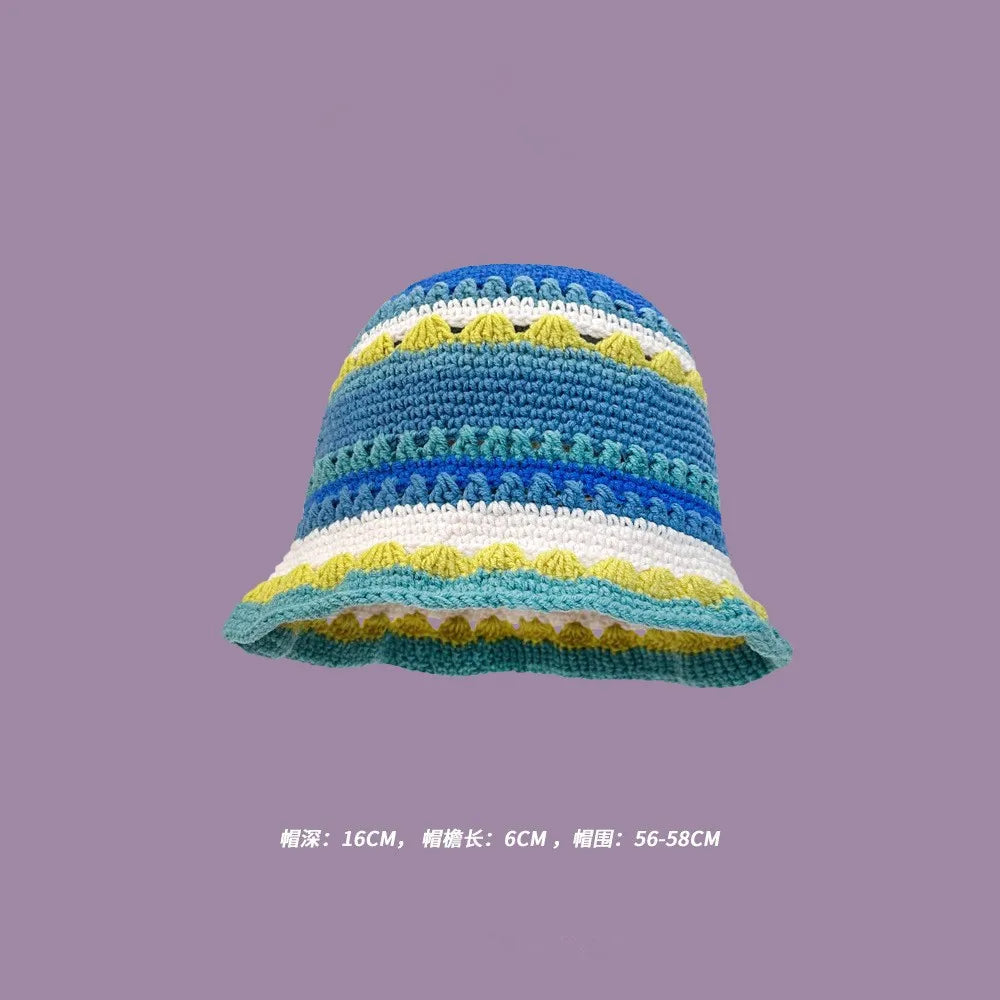 2023 Autumn New Crochet Korean Handmade Bucket Hat Women Weaving Knitted Hat  Fashion Flowers Autumn Winter Beanies Basin Cap