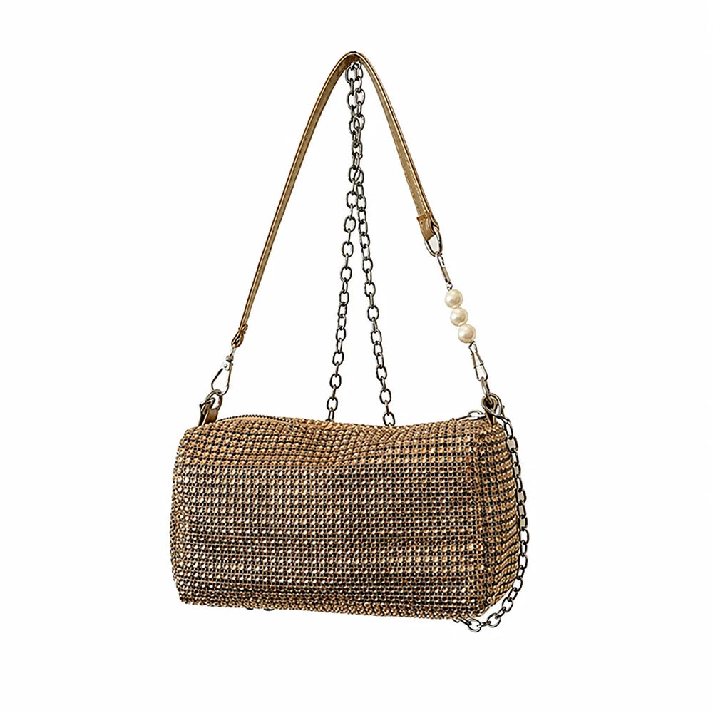 Allover Rhinestone Bucket Bag Waterproof All-match Women Crossbody Bag Mini Lightweight Glitter Chain Prom Purse for Ladies