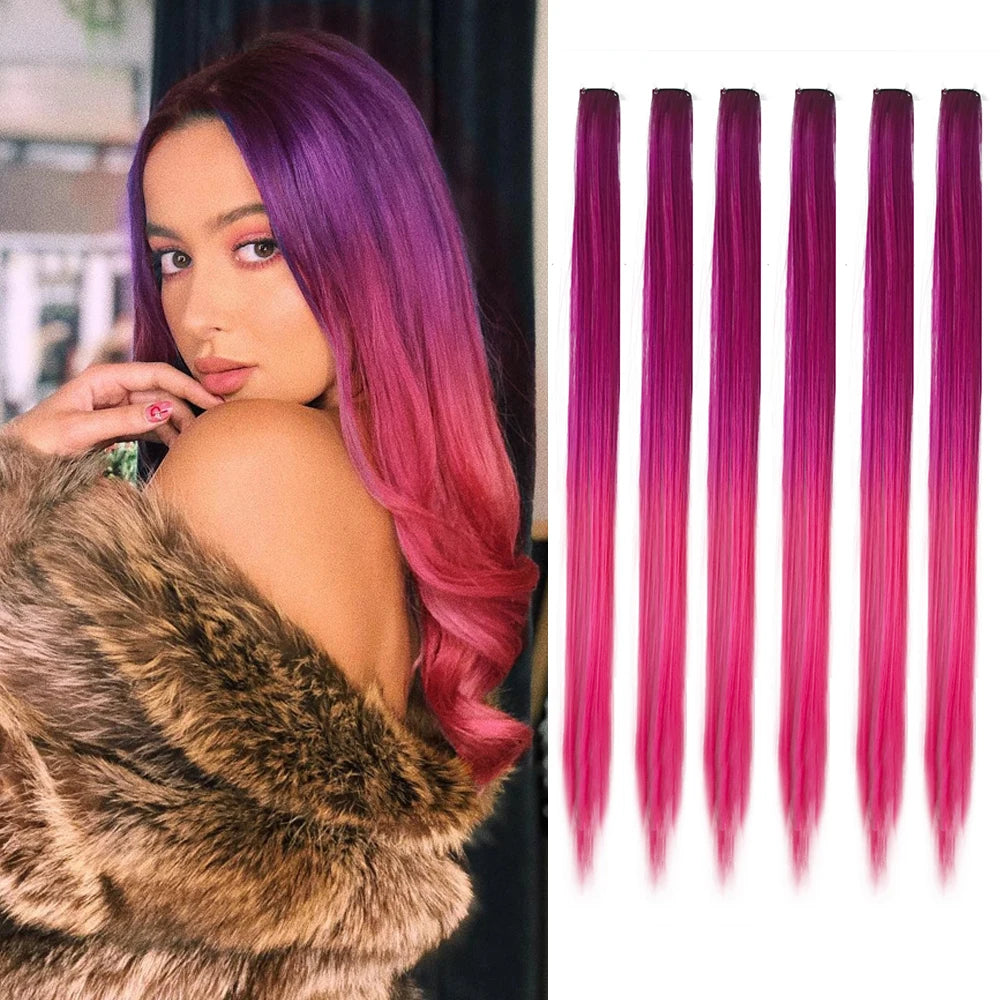 Clip in Hair Extensions Colored Party Highlights 22 inches 6pcs/pack Multi-colors Straight Hair Synthetic Hairpieces Royal Blue