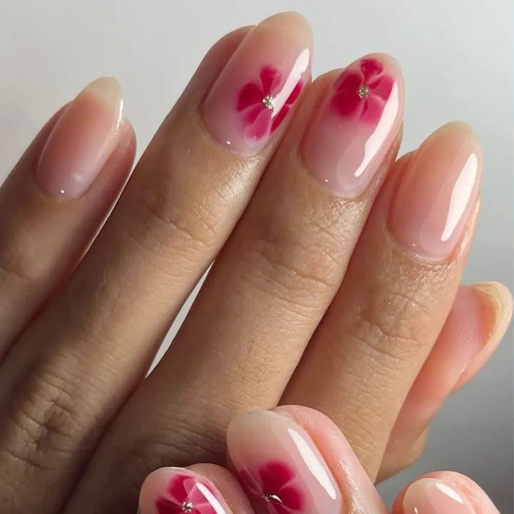 24Pcs Almond Press on Fake Nails Wearable Red Purple Blusher Halo Design False Nails Acrylic Full Over Simple Fashion Nail Tips