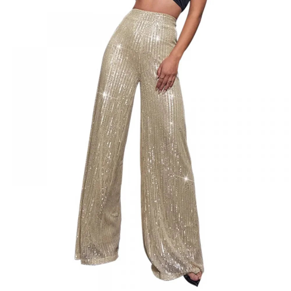 New Women Casual Sequin Sparkle Glitter Pants High Waist Flared Pants Elastic Loose Wide Disco Trousers Clubwear  Costumes