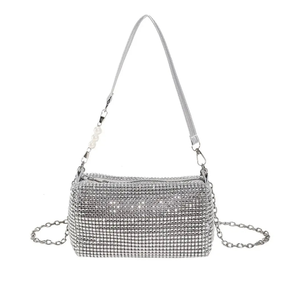 Allover Rhinestone Bucket Bag Waterproof All-match Women Crossbody Bag Mini Lightweight Glitter Chain Prom Purse for Ladies