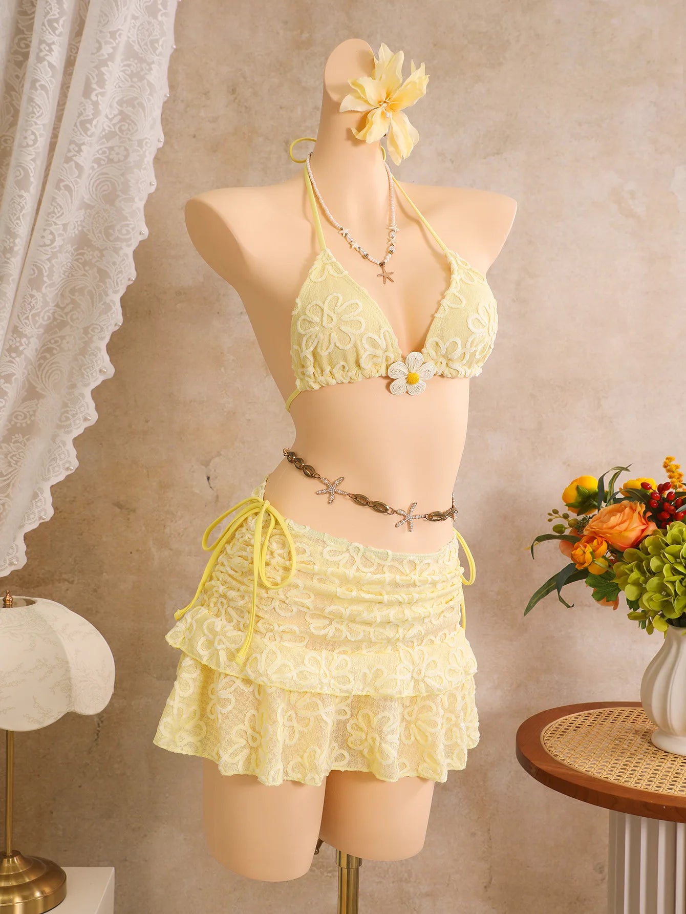 Sexy Yellow 3D Flower Bikini Set 2026 Women Flower Embroidery Push Up Bra Pleate Cover Up 3 Piece Swimsuit Bathing Suit Swimwear
