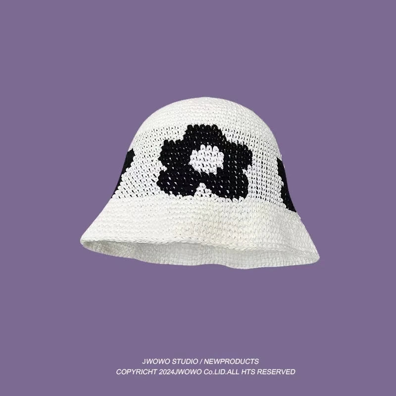 2023 Autumn New Crochet Korean Handmade Bucket Hat Women Weaving Knitted Hat  Fashion Flowers Autumn Winter Beanies Basin Cap