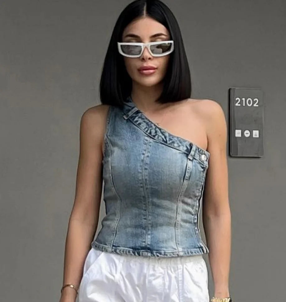 Women Top Off Shoulder Sleeveless Bustier Tops 2026 Summer Lady Elegant Street Wear TankBlue Backless Denim Corset Crop