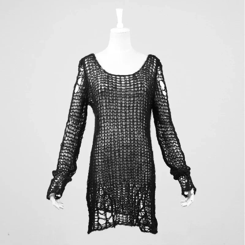PUNK RAVE Women's Punk Broken Pullover Striped Sweater Gothic Visual Kei Fashion Daily Loose Tops Women Clothing