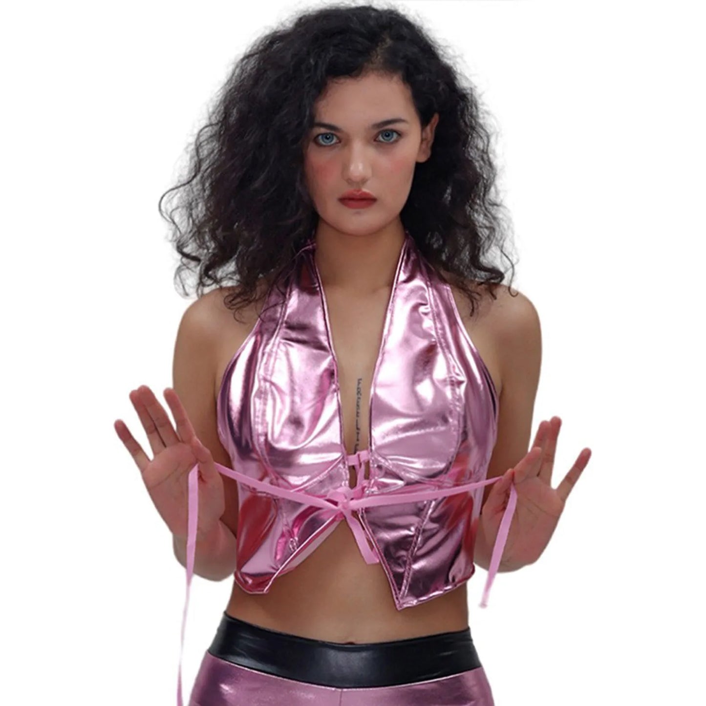 Women Glitter Tank Tops Sexy Backless Lace Up Party Club Metallic Shiny Crop Tops Low Waist Shorts Rave Festival Trendy Outfits