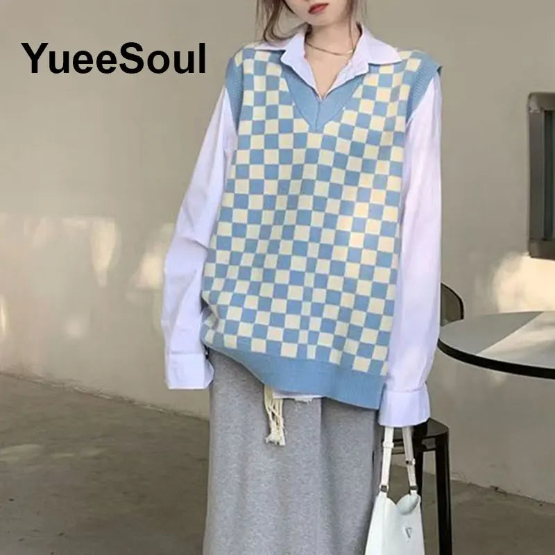 Blue Argyle Women's Vest Plaid Sleeveless Pullover Loose Knitted Sweater Vest 2026 New Autumn Y2K Casual Oversized Waistcoat