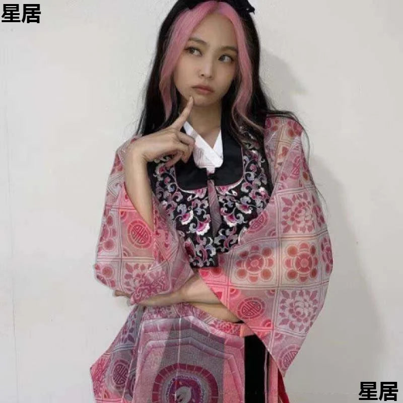 Kpop Jennie  Singers Jazz Dance Women Pink Concert Outfit Jazz Dancewear Festival Stage Costume Nightclub Hot Girl Rave Clothing