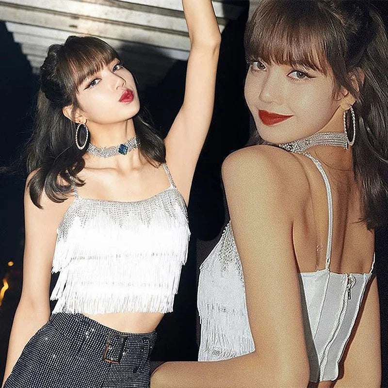 Lisa Kpop Outfit Korean Celebrity New Tassel Sexy Sleeveless Vest Tops Slim High Waist Shorts Shinny Women DS DJ Rave Clothes