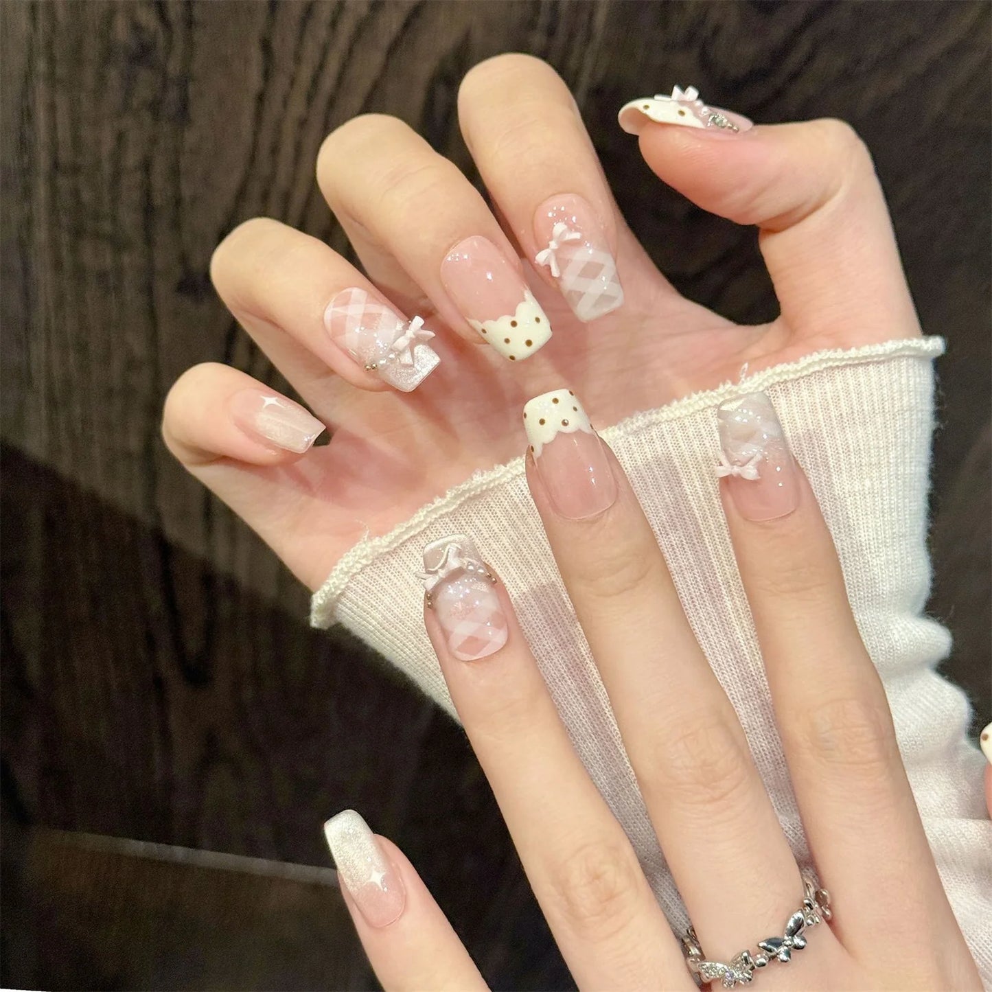10pcs Sweet Stars Bow Handmade Fake Nails Press on Nails Gentle Cat's Eye Fake Nails French Tips Detachable Wedding False Nails