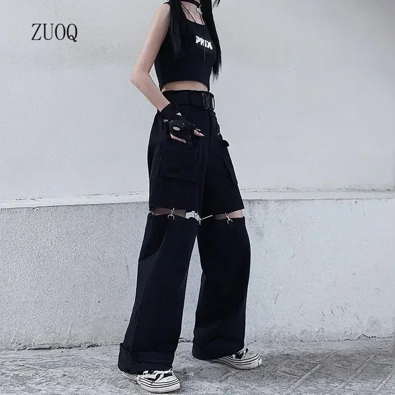 New Fashion Black Pants Women 2025 Detachable Casual Korean Cargo Wide Leg Pant Woman