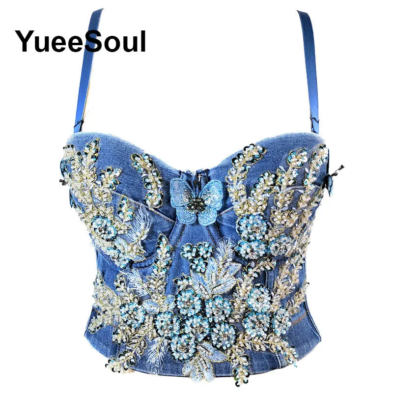 Denim Crop Tops Pearl Tassel Diamond Flower Blue Sleeveless Sexy Corset 2000s 2026 Summer New Y2K Party Evening Woman Clothes