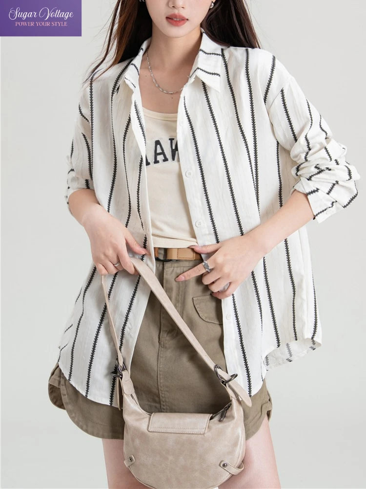Korean Loose Striped Shirt Women Autumn Casual Blouse Oversized Long Sleeve Turn Down Collar Top French Chic Office Lady Clothes