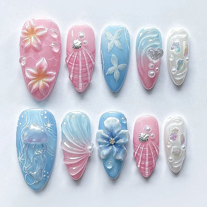 Almond 3D Flower Gradient Pearl Press-On Nails